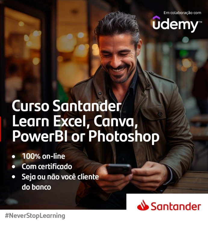 Curso Aprenda Excel, Canva, PowerBI or Photoshop - Gratuito - Santander e Udemy | Info4Fun Labs