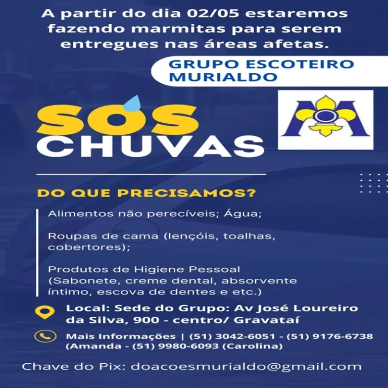 Doações para as Chuvas que Afetaram o Rio Grande do Sul - Grupo Escoteiro Murialdo - Gravataí | Info4Fun Labs