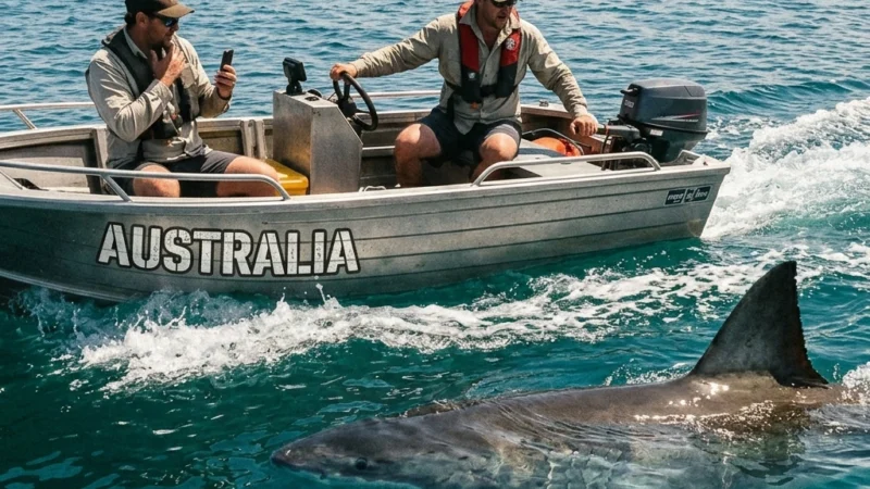 Tubarão Gigante de 5 metros Aterroriza Pescadores ao Cercar Barco na Austrália! Assista o Vídeo