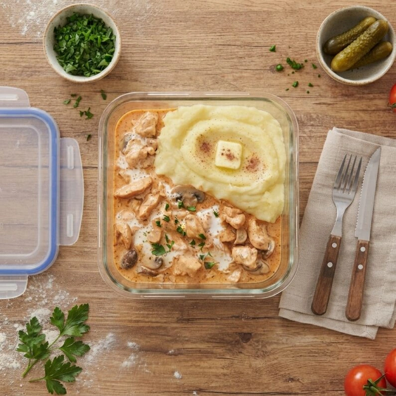 Marmita Perfeita com Strogonoff de Frango e Purê de Batatas