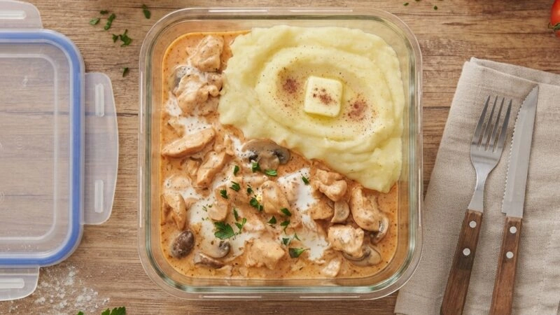 Marmita Perfeita com Strogonoff de Frango e Purê de Batatas
