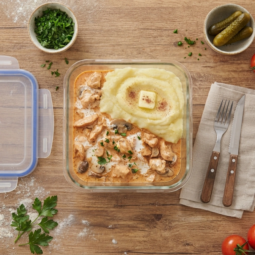 Marmita Perfeita com Strogonoff de Frango e Purê de Batatas